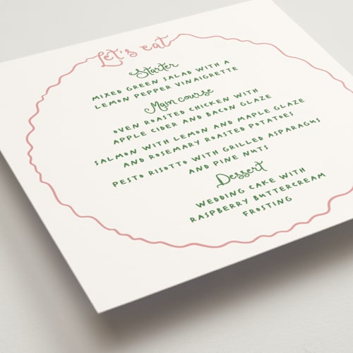 This is a carnation menu cards with standard by Creo Study called squiggly type printing on signature in standard