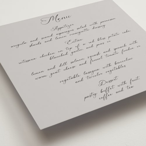 This is a gravel menu cards with standard by Maja Cunningham called poem printing on signature in 5x5