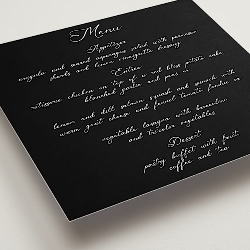 This is a ebony menu cards with standard by Maja Cunningham called poem printing on signature in 5x5