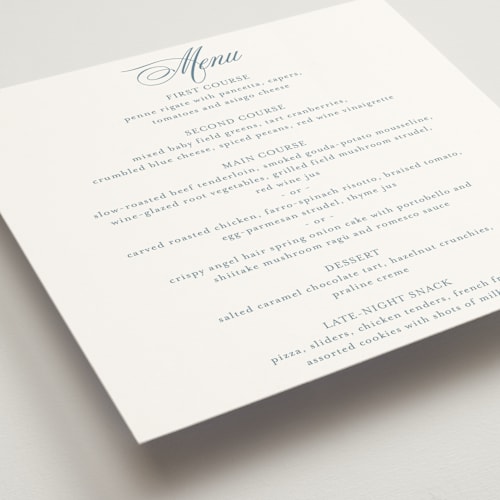 This is a dusty blue menu cards with standard by Jennifer Postorino called empire printing on signature in 5x5