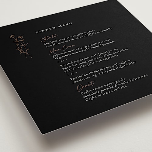 This is a black dahlia menu cards with standard by chocomocacino called kouignette printing on signature in 5x5