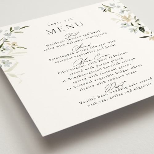 This is a lily menu cards with standard by Everett Paper Goods called fleur printing on signature in 5x5