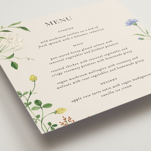 This is a elder flower menu cards with standard by Sarah Knight called wild meadow printing on signature in 5x5