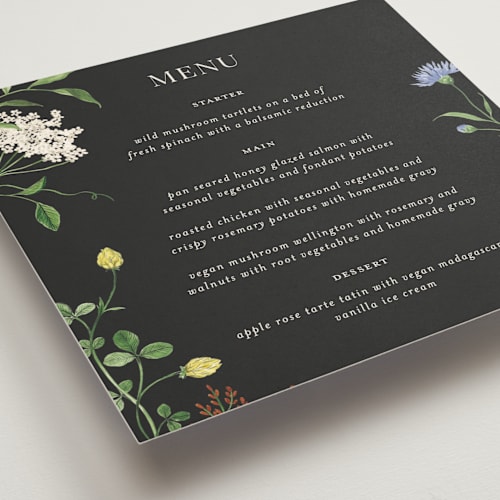 This is a onyx menu cards with standard by Sarah Knight called wild meadow printing on signature in 5x5