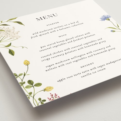 This is a fuchsia menu cards with standard by Sarah Knight called wild meadow printing on signature in 5x5