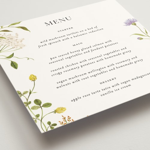 This is a persimmon menu cards with standard by Sarah Knight called wild meadow printing on signature in 5x5