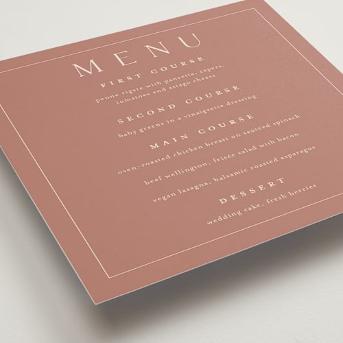 This is a dusty rose menu cards with standard by Stacey Meacham called warm affection printing on signature in 5x5