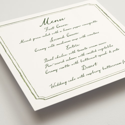 This is a moss menu cards with standard by Cass Loh called handwritten printing on signature in 5x5