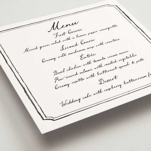 This is a coal menu cards with standard by Cass Loh called handwritten printing on signature in 5x5