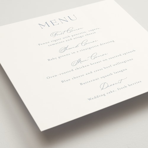 This is a dusty blue menu cards with standard by Stacey Meacham called modern air printing on signature in 5x5