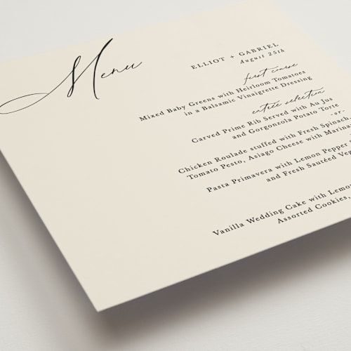 This is a ecru menu cards with standard by Hooray Creative called scripted names printing on signature in 5x5