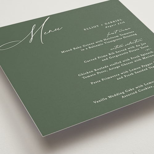 This is a forest menu cards with standard by Hooray Creative called scripted names printing on signature in 5x5