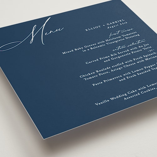 This is a navy menu cards with standard by Hooray Creative called scripted names printing on signature in 5x5