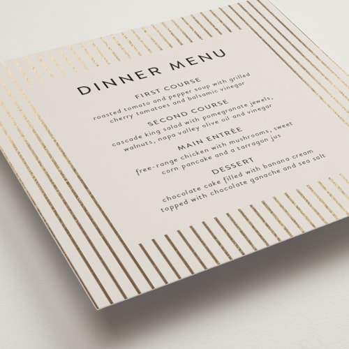 This is a cream menu cards with foil pressed by Simona Camp called striped square printing on signature in standard