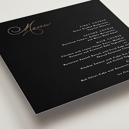 This is a obsidian menu cards with foil pressed by Kaydi Bishop called eternal printing on signature in 5x5