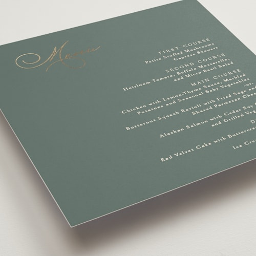 This is a moss menu cards with foil pressed by Kaydi Bishop called eternal printing on signature in 5x5