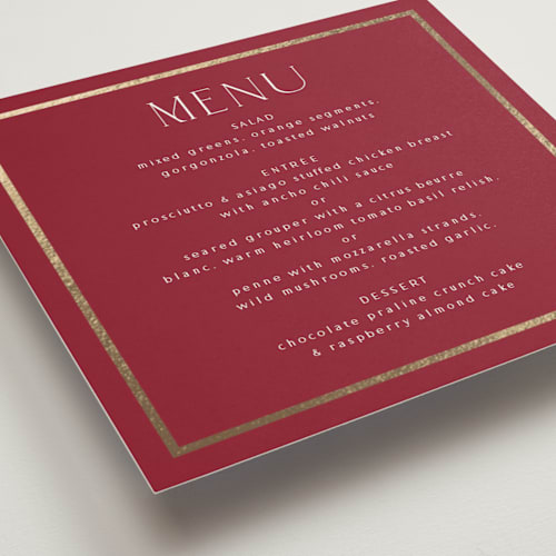 This is a ruby menu cards with foil pressed by Nicole Walsh called regal printing on signature in 5x5