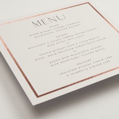 This is a sandstone menu cards with foil pressed by Nicole Walsh called regal printing on signature in 5x5