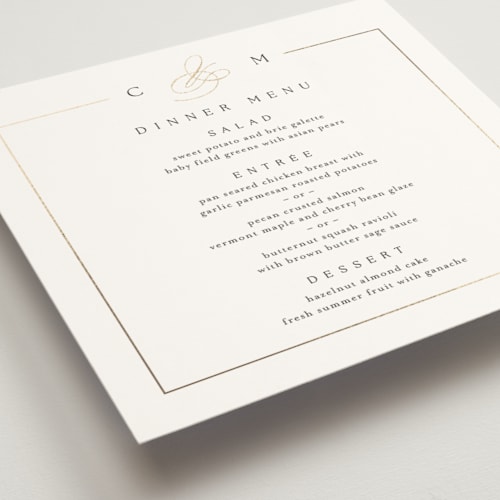 This is a silk menu cards with foil pressed by Kelly Schmidt called framed monogram printing on signature in 5x5