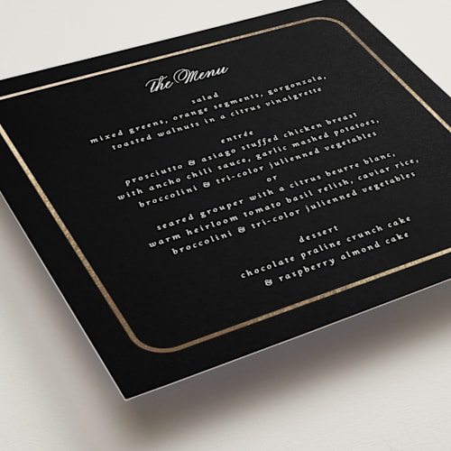 This is a noir menu cards with foil pressed by Emily Sabol Goss called foil outlines printing on signature in standard