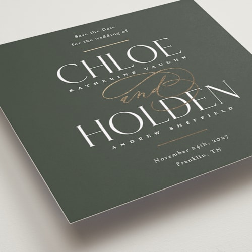 This is a boxwood foil stamped save the date cards with foil pressed by Jessica Williams called idyllic printing on signature in standard