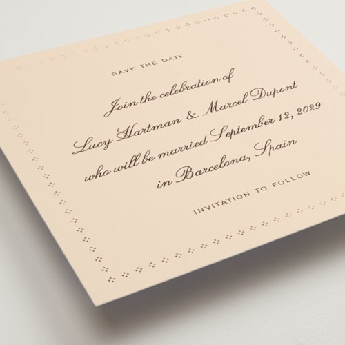 This is a coco foil stamped save the date cards with foil pressed by Ani Somi called sweet fancy printing on signature in standard