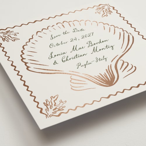 This is a algae foil stamped save the date cards with foil pressed by Pati Cascino called puglia printing on signature in square