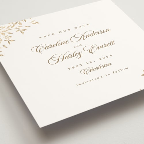 This is a chiffon foil stamped save the date cards with foil pressed by Kristie Kern called midsummer printing on signature in standard