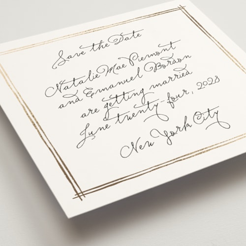 This is a nero foil stamped save the date cards with foil pressed by Pati Cascino called justine printing on signature in standard