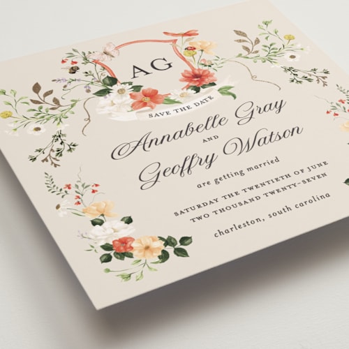 This is a linen foil stamped save the date cards with foil pressed by Sarah Knight called fleur printing on signature in square