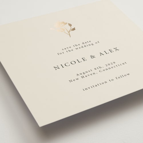 This is a sand foil stamped save the date cards with foil pressed by Hannah Bowman called petite jolie printing on signature in standard