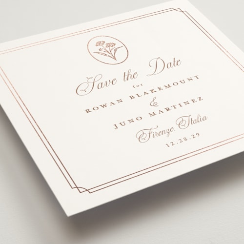 This is a rose foil stamped save the date cards with foil pressed by chocomocacino called fleu-de-sel printing on signature in standard