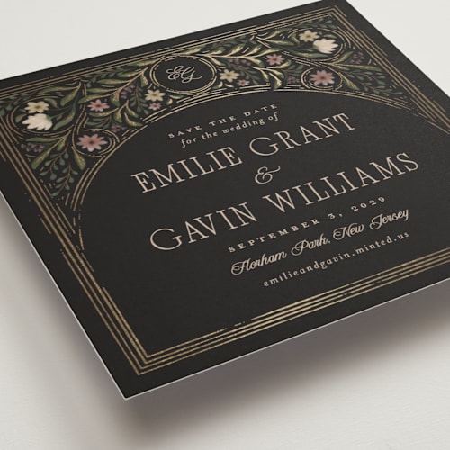 This is a noir foil stamped save the date cards with foil pressed by Randi Cirelli called emilie printing on signature in standard