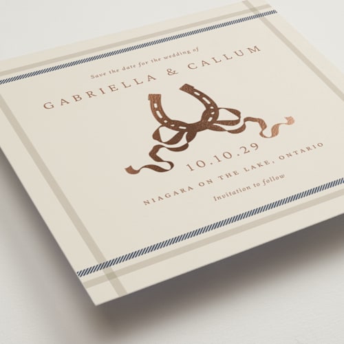 This is a midnight foil stamped save the date cards with foil pressed by Sam Dubeau called equestrian printing on signature in standard