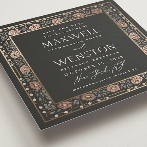 This is a ebony foil stamped save the date cards with foil pressed by Ana de Sousa called timeless nature printing on signature in standard