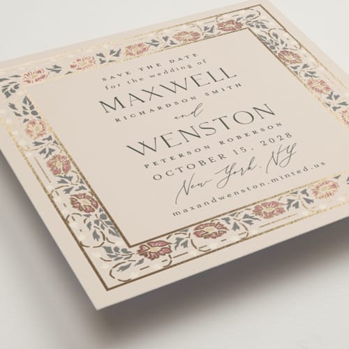 This is a champagne foil stamped save the date cards with foil pressed by Ana de Sousa called timeless nature printing on signature in square