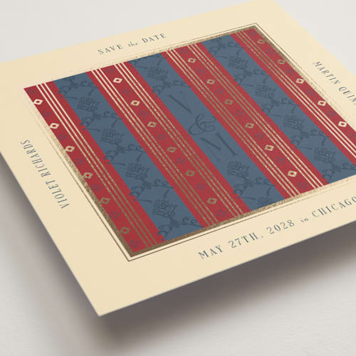 This is a navy foil stamped save the date cards with foil pressed by Baumbirdy called woven printing on signature in standard