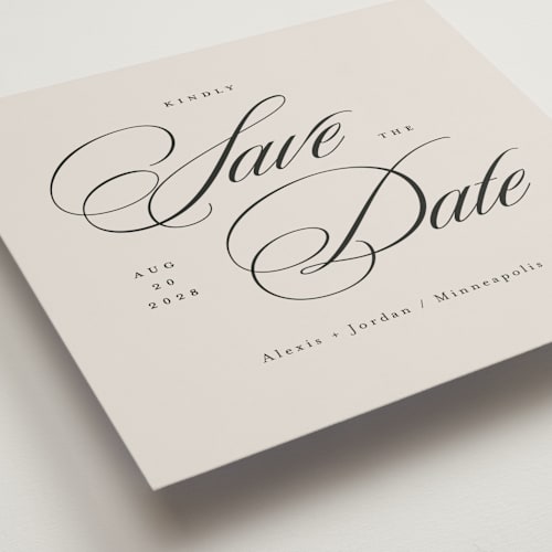 This is a vanilla save the date with standard by Michelle Taylor called square script printing on signature in standard