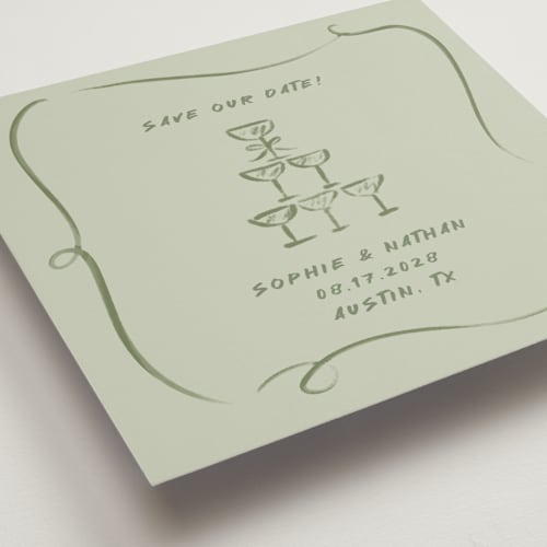 This is a eucalyptus save the date with standard by Adelyn T. called champagne bow printing on signature in standard