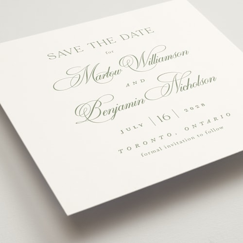 This is a garden save the date with standard by Kelly Schmidt called chic script printing on signature in standard