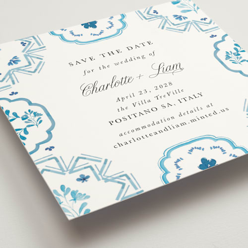 This is a cerulean save the date with standard by Itsy Belle Studio called almafi printing on signature in standard