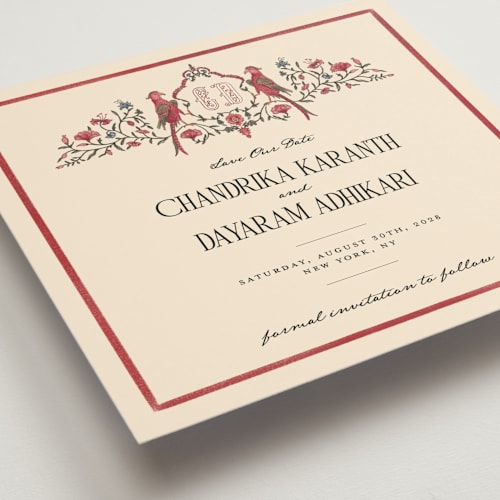 This is a garnet save the date with standard by Jenna Holcomb called tapestry printing on signature in standard