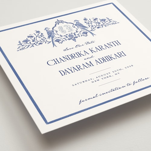 This is a cobalt save the date with standard by Jenna Holcomb called tapestry printing on signature in square