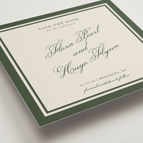 This is a evergreen save the date with standard by Kelly Watkins called emerson printing on signature in standard