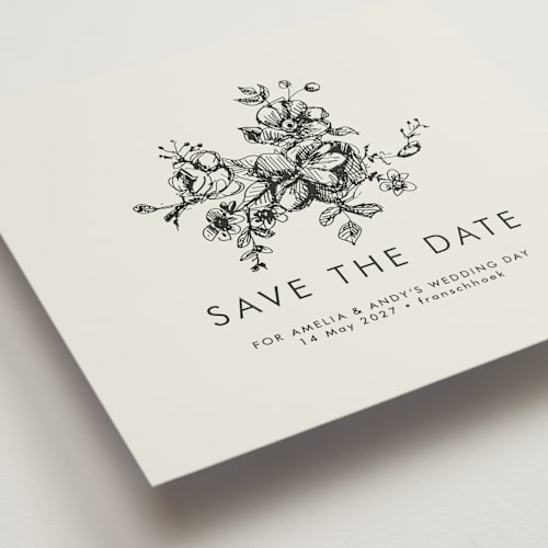This is a cream save the date with standard by Phrosné Barwood called elegance illustrated printing on signature in standard