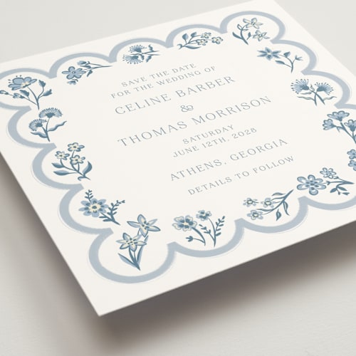 This is a bluebell save the date with standard by Hannah Bowman called petite jolie printing on signature in standard