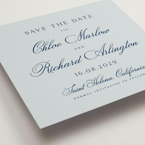 This is a sky save the date with standard by Kelly Schmidt called landscape script printing on signature in standard