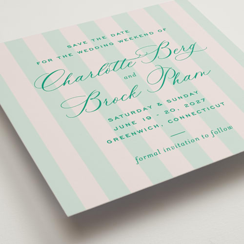 This is a lawn save the date with standard by Megan Davis called racquet printing on signature in standard