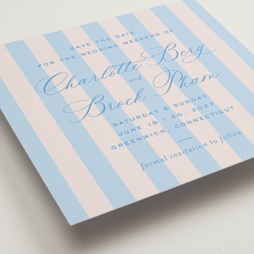 This is a bluebell save the date with standard by Megan Davis called racquet printing on signature in standard