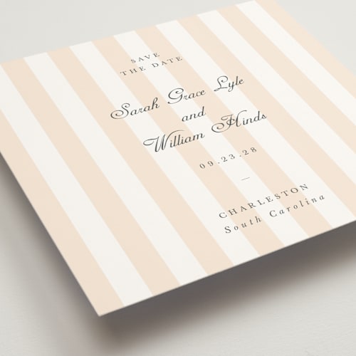 This is a peach save the date with standard by Sara Hicks Malone called awning stripe printing on signature in standard